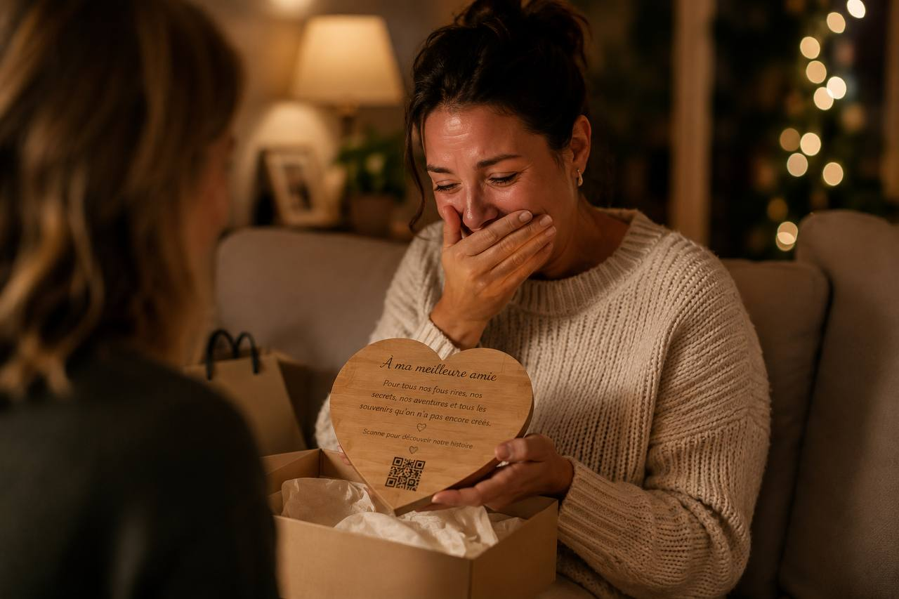 Une femme émue en découvrant son cadeau Momentos